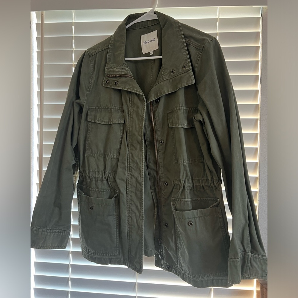 Madewell army green military esque jacket.